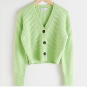 & Other Stories Green Ribbed Cropped Wool Long Sleeved V Neck Sweater